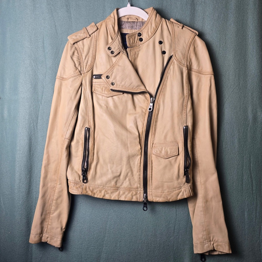 Martin + Osa Womens Cream Genuine Leather Moto‎ Biker Jacket Size M Asymmetrical